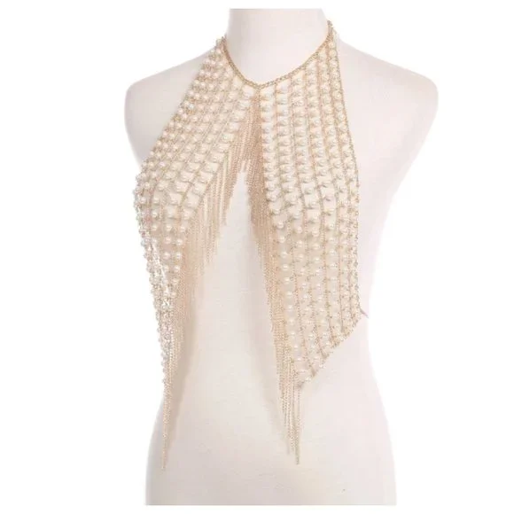 Gold Faux Pearl Chain Tassel Body Jewelry Rave Halter Crop Top - Picture 8 of 10